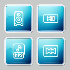 Set line Stereo speaker, Pause button, MP3 file and Rewind icon. Vector