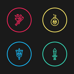 Set line Pirate flag, Sword for game, Bomb ready to explode and icon. Vector