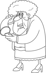 Outlined Old Grandma Cartoon Character Talking On Cell Phone With Hearing Trumpet. Vector Hand Drawn Illustration Isolated On Transparent Background