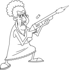 Outlined Angry Grandmother Cartoon Character Shooting With A Rifle Pump. Vector Hand Drawn Illustration Isolated On Transparent Background