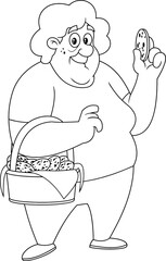 Outlined Happy Grandma Cartoon Character With A Basket Of Homemade Cookies. Vector Hand Drawn Illustration Isolated On Transparent Background