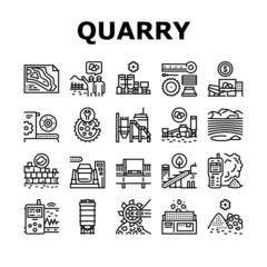 Quarry Mining Industrial Process Icons Set Vector. Quarry Mining Equipment And Machine Technology, Industry Iron And Coal Processing Line. Vibration Assessment Device Black Contour Illustrations