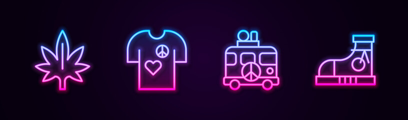 Set line Marijuana, Peace t-shirt print stamp, Hippie camper van and Sneakers. Glowing neon icon. Vector