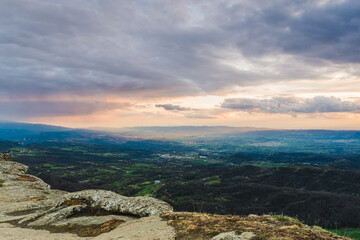 Sunset over the landscape (Plana de Vic, View from Sanctuary of Cabrera mountain ridge, Catalonia,...