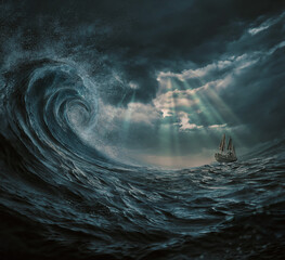 illustration of the ship in the storm, gigantic waves - obrazy, fototapety, plakaty