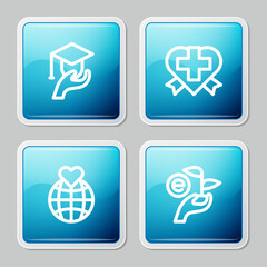Set line Education grant, Heart with cross, Hand holding Earth globe and Leaf hand icon. Vector