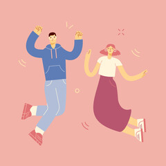 Happy guy and girl jump up. Young, stylish man and woman  are dancing, jumping, celebrating together. Concept of victory and success. Vector illustration with characters in full length. 