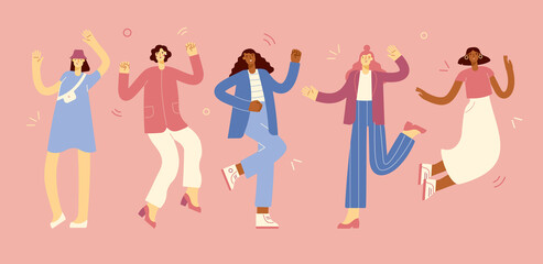 Happy women jump with happiness. Cartoon female characters celebrating and dancing. Team success. Colored flat vector illustration. Pink background 