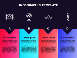 Set line Photo camera for diver, Flippers swimming, Shark and Diving knife. Business infographic template. Vector