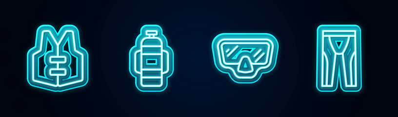 Set line Life jacket, Aqualung, Diving mask and Wetsuit for scuba diving. Glowing neon icon. Vector