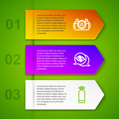 Set line Photo camera for diver, Flippers swimming and Aqualung. Business infographic template. Vector