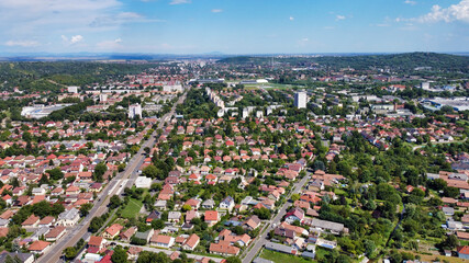 View of residential buildings and the road on the outskirts of Miskolc. Hungary. Europe	