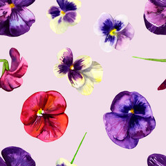 Seamless pattern flowers pansies watercolor