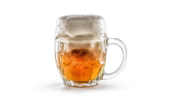 Glass of freshly drafted beer on a white background