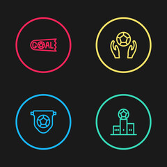 Set line Football flag pennant, Award over sports winner podium, Soccer football and Goal soccer icon. Vector