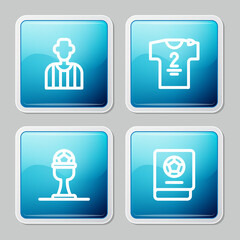 Set line Football or soccer referee, jersey and t-shirt, Award cup football and learning book icon. Vector