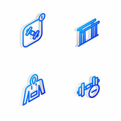 Set Isometric line Uneven bars, Fitness app, Hoodie and Dumbbell icon. Vector