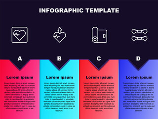Set line Heart rate, Heartbeat increase, Fitness mat roll and Dumbbell. Business infographic template. Vector