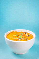 pumpkin cream soup puree fresh portion meal snack on the table copy space food background rustic veggie vegan or vegetarian food