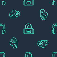 Set line Sport bag, Heart rate and Headphones on seamless pattern. Vector