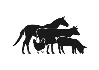 Farm animals silhouettes. Horse, cow, pig, chicken vector silhouettes