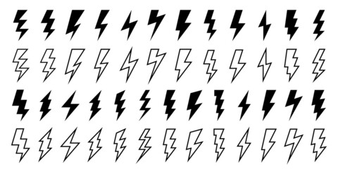Lightning flat icons set. Outline and silhouette flash symbols. Lightning, high voltage or charge signs. Vector elements.
