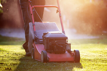 Lawn mover on green grass. Machine for cutting lawns.