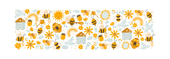 Kids colorful Honey vector poster hand drawn set of cartoon doodle objects bee, flower and hive. Baby symbols and items card. rectangle form composition pattern