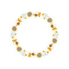 Cute kids honey wreath with sunflower and bee in flat frame vector scandinavian style. Baby illustation frame with place for text for content, greeting card, graphic