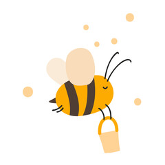Cute fat little bee with bucket in doodle style. Logo scandinavian baby print in yellow and black colors. Print for coloring book, t shirt, cup, child clothes. cartoon honey insect © timonko