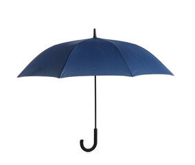 Stylish open blue umbrella isolated on white