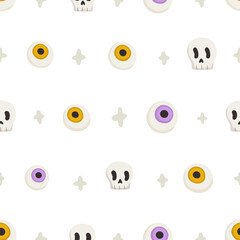 Cute and funny haloween pattern. Doodle eyes and scull seamless texture for textile, fabric, apparel, wrapping, paper, stationery.
