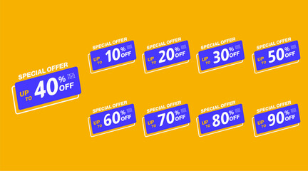 special offer modern square tag. hot deal. square offer tag with 10 20 30 40 50 60 70 80 90 off