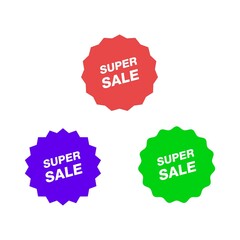super sale. special offer. pointed round sticker. red purple and green sticker