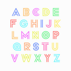 Colorful striped funky font. Vector English stylish alphabet. Bright latin letters