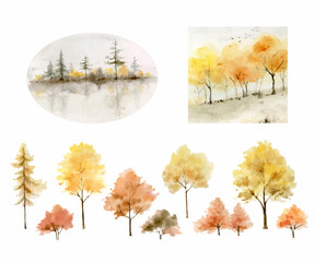 A watercolor vector set of autumn forest background and trees.
