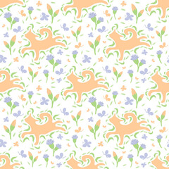 Summer cheerful drawing running cat in flowers