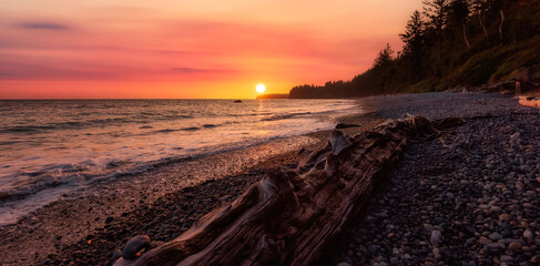 Sandcut Beach on the West Coast of Pacific Ocean. Sunny Sunset Art Render. Canadian Nature...