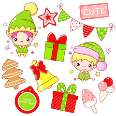 Set of Merry Christmas day icons in kawaii style