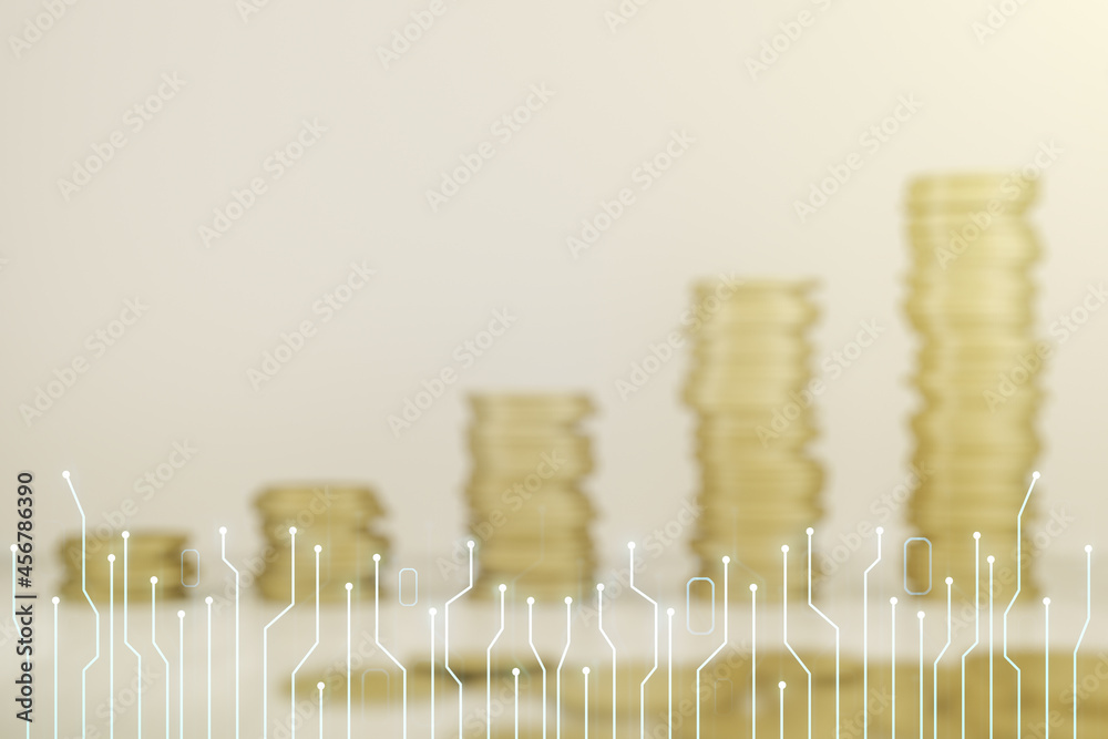Poster double exposure of abstract virtual circuit hologram on growing stacks of coins background. research