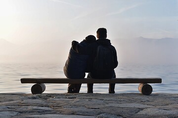 couple man and woman sitting early in the morning by the lake on a bench