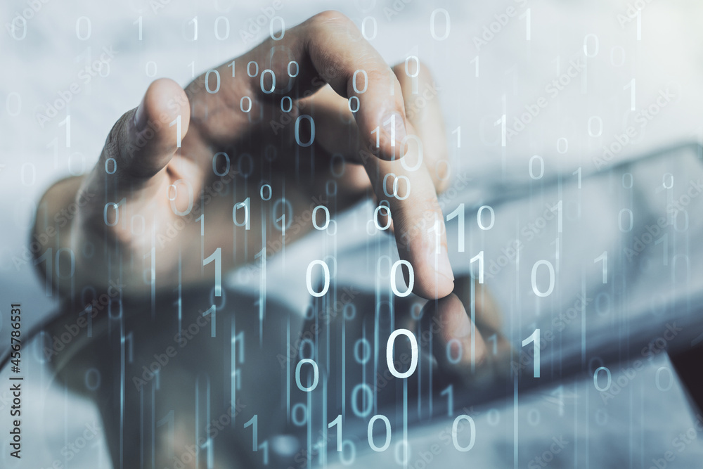 Poster creative concept of binary code illustration and finger clicks on a digital tablet on background. bi