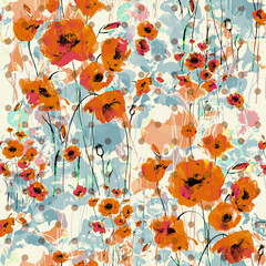  Abstract floral seamless pattern painted by brush field poppies. retro print. 