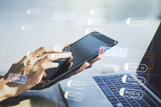 Double exposure of abstract creative programming illustration and finger clicks on a digital tablet on background, big data and blockchain concept