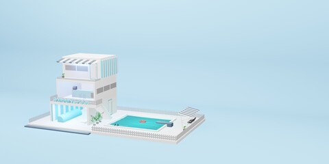 simulated swimming pool three storey building cartoon model blue pastel 3d illustration