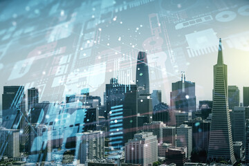 Obraz premium Abstract virtual coding concept on San Francisco skyline background. Multiexposure