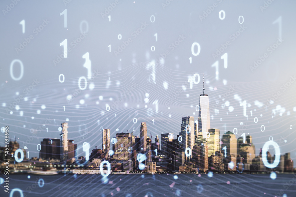 Poster abstract virtual binary code illustration on new york city skyline background. big data and coding c
