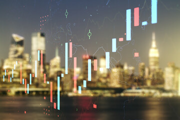 Abstract virtual financial graph hologram on blurry skyscrapers background, financial and trading concept. Multiexposure