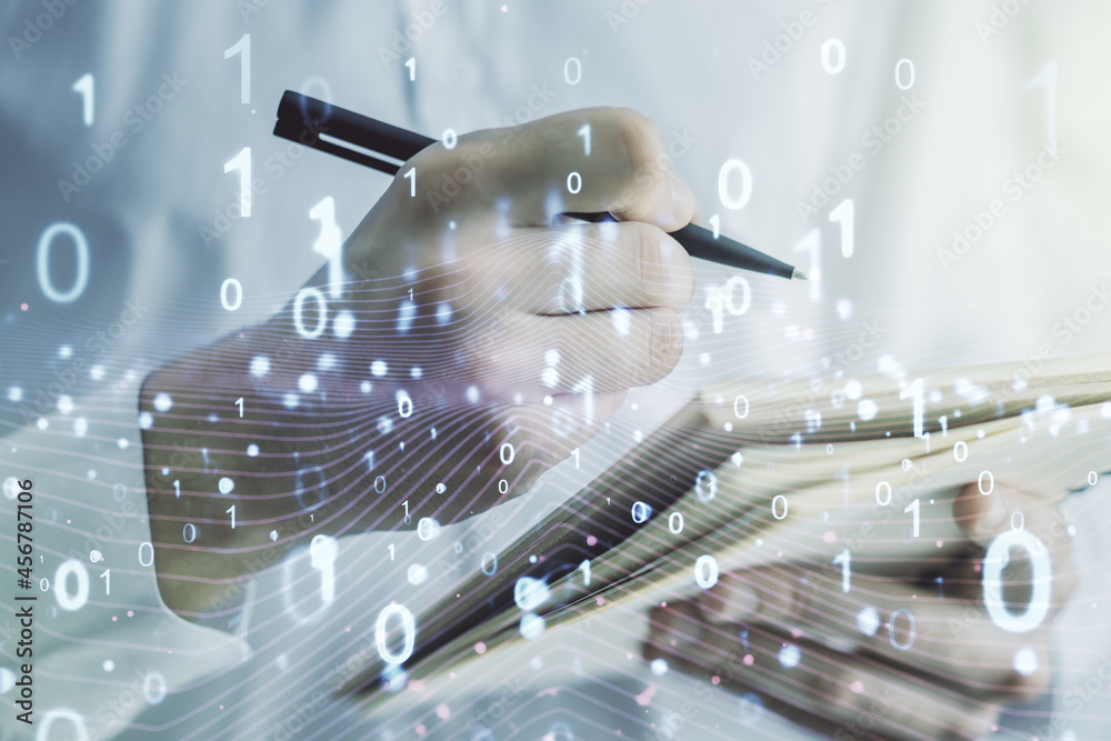 Leinwandbilder creative concept of binary code illustration and man hand writing in notebook on background. big dat