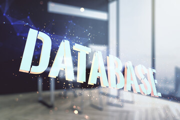 Double exposure of creative Database word hologram and modern desktop with laptop on background, research and development concept
